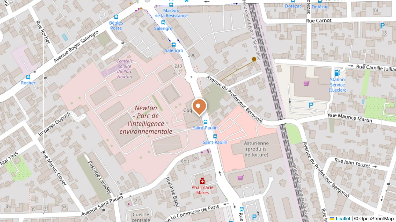 Plan d’accès : le bâtiment Cognitik, 11 rue Ferdinand Buisson à Bègles, le long de l’avenue du Professeur Bergonié, à hauteur de l’arrêt Saint-Paulin.